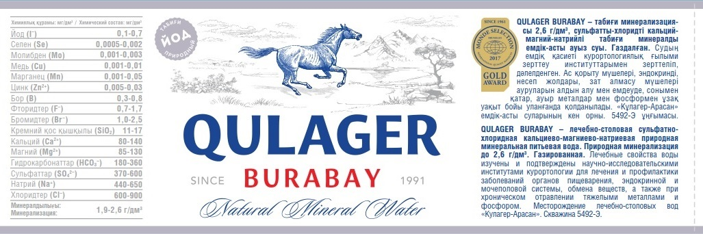 Товарный знак № 63431 «QULAGER BURABAY SINCE 1991 Natural Mine…»